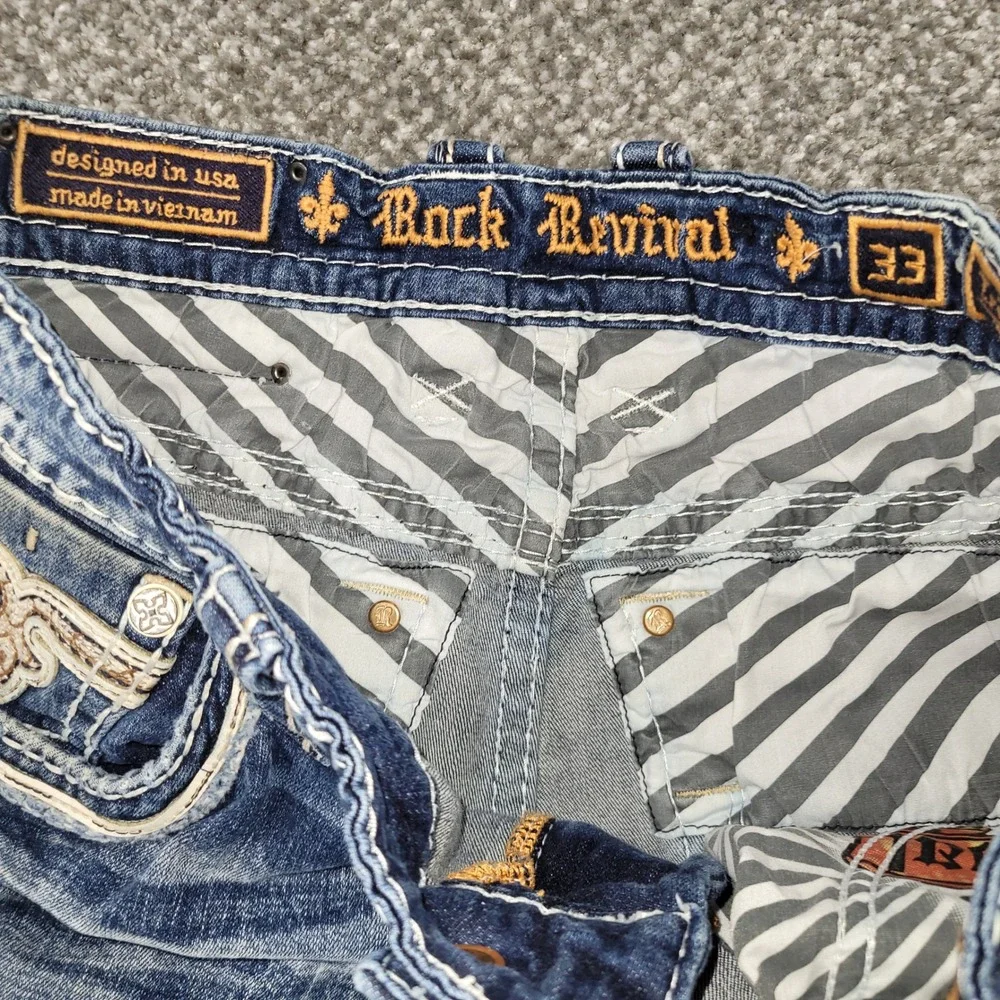Rock Revival Tristan Bootcut Jeans Mens 33 Distressed Embroidered Blue Denim